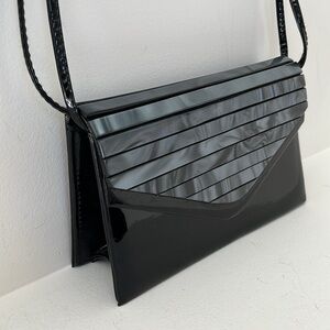 FIONA Faux Black Patent Mini Shoulder Bag Front Embellishment Event Party